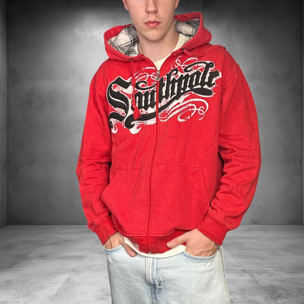 Vintage Southpole Red Zip Up Hoodie Y2K Baggy Skater Spellout Graphic Hoodie